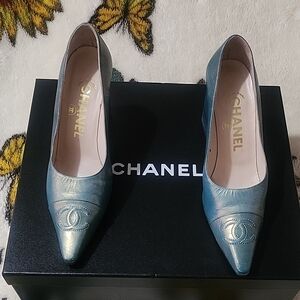 CHANEL Metallic Blue Heels